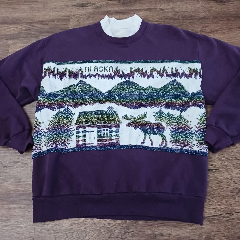 Vintage Women's Large‎ Alaska Sweater Sweatshirt Knit Moose Cabin Cottagecore
